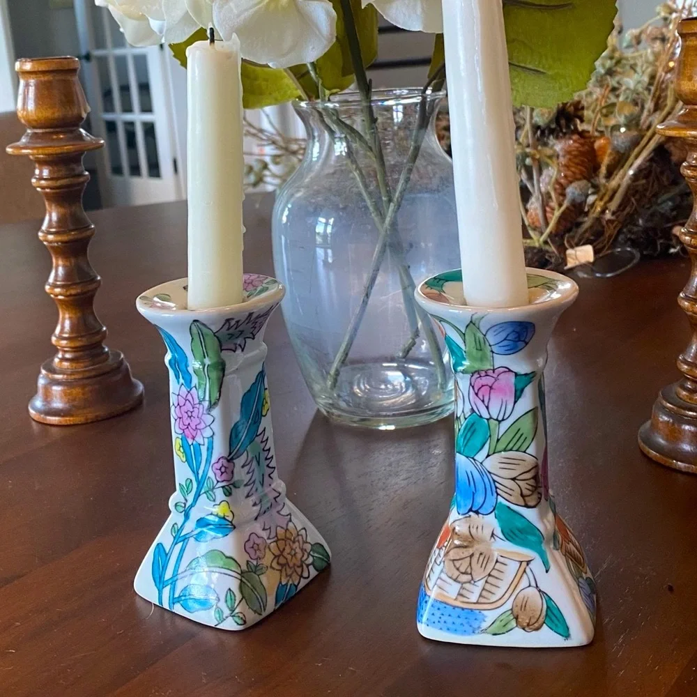 Vintage Chinoiserie & Floral Style Taper Candlestick Holders - set of 2